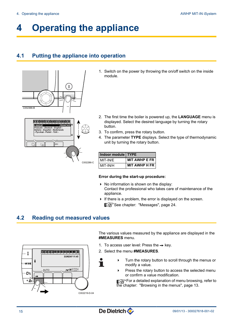 Operating the appliance, Putting the appliance into operation, Reading out measured values | 4 operating the appliance, 1 putting the appliance into operation, 2 reading out measured values, Operating the appliance awhp mit-in isystem 15 | DE DIETRICH AWHP MIT-IN iSystem User Manual | Page 16 / 36