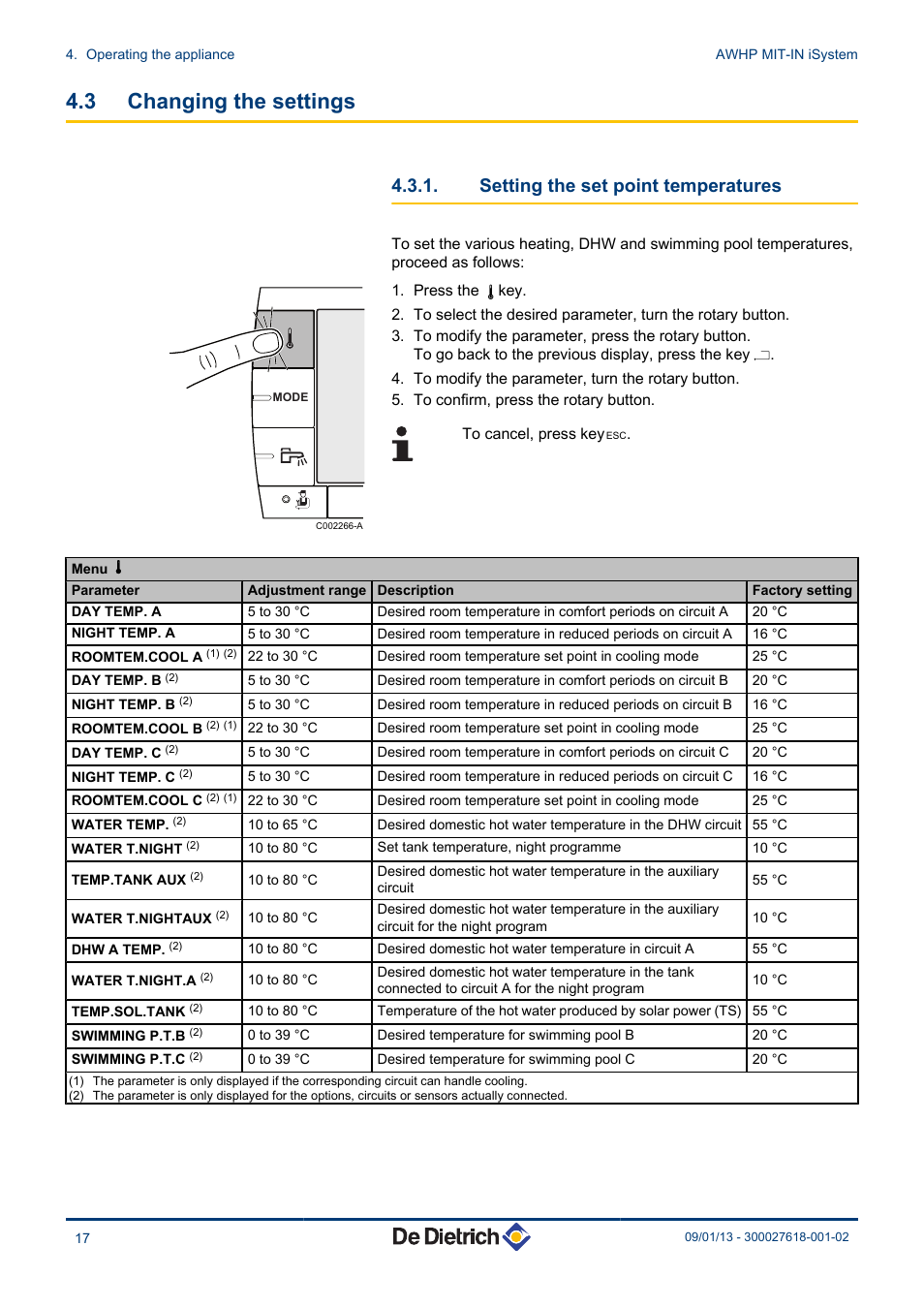 Changing the settings, Setting the set point temperatures, 3 changing the settings | DE DIETRICH AWHP MIT-IN iSystem User Manual | Page 18 / 36