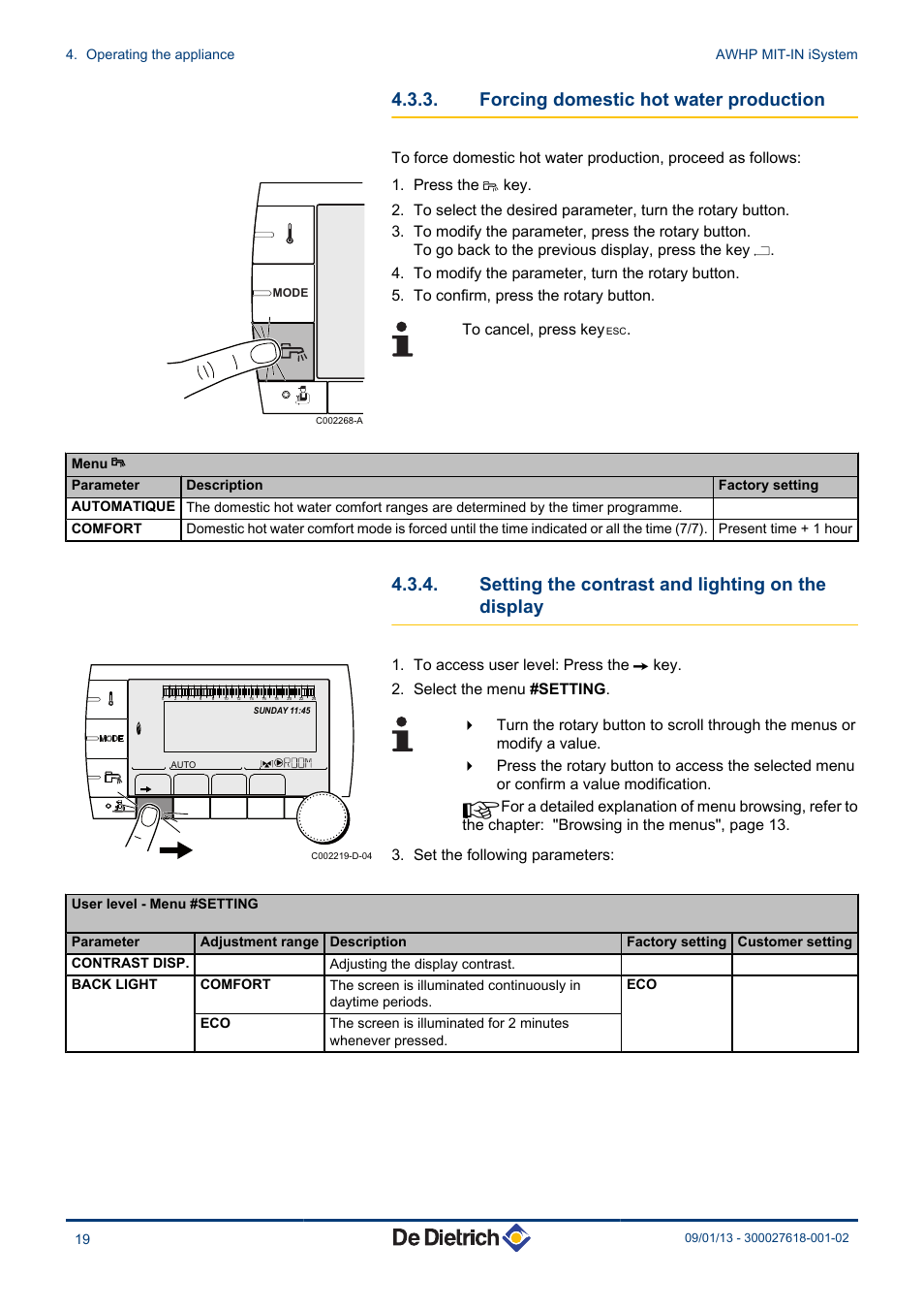 Forcing domestic hot water production, Setting the contrast and lighting on the, Display | Setting the contrast and lighting on the display | DE DIETRICH AWHP MIT-IN iSystem User Manual | Page 20 / 36