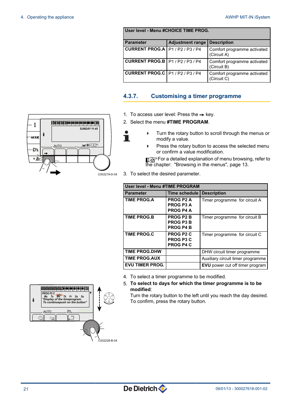 Customising a timer programme, Dhw circuit timer programme time prog.aux, Auxiliary circuit timer programme evu timer prog | Evu power cut off timer program, Operating the appliance awhp mit-in isystem 21 | DE DIETRICH AWHP MIT-IN iSystem User Manual | Page 22 / 36