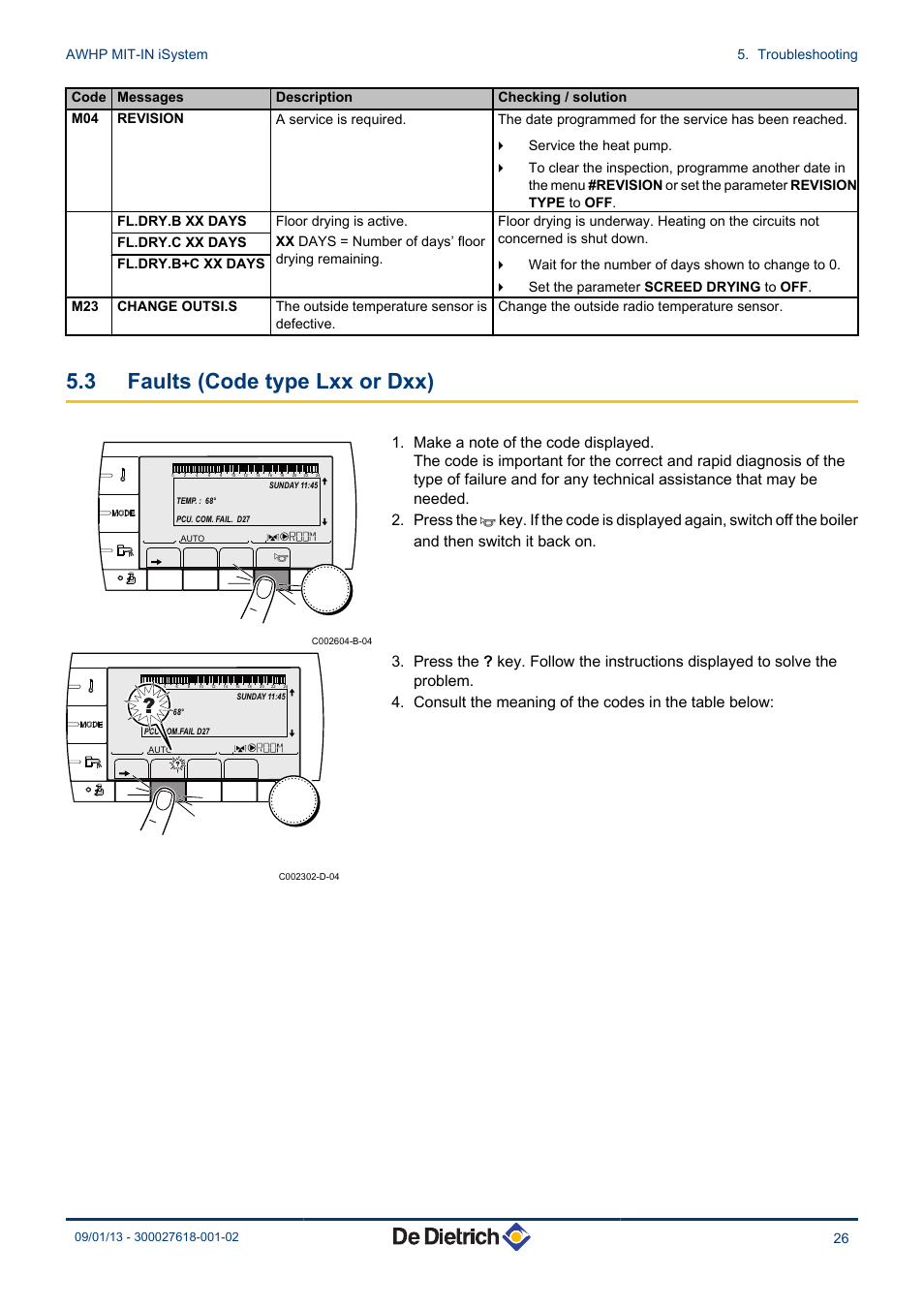 Faults (code type lxx or dxx), 3 faults (code type lxx or dxx), Awhp mit-in isystem 5. troubleshooting | DE DIETRICH AWHP MIT-IN iSystem User Manual | Page 27 / 36