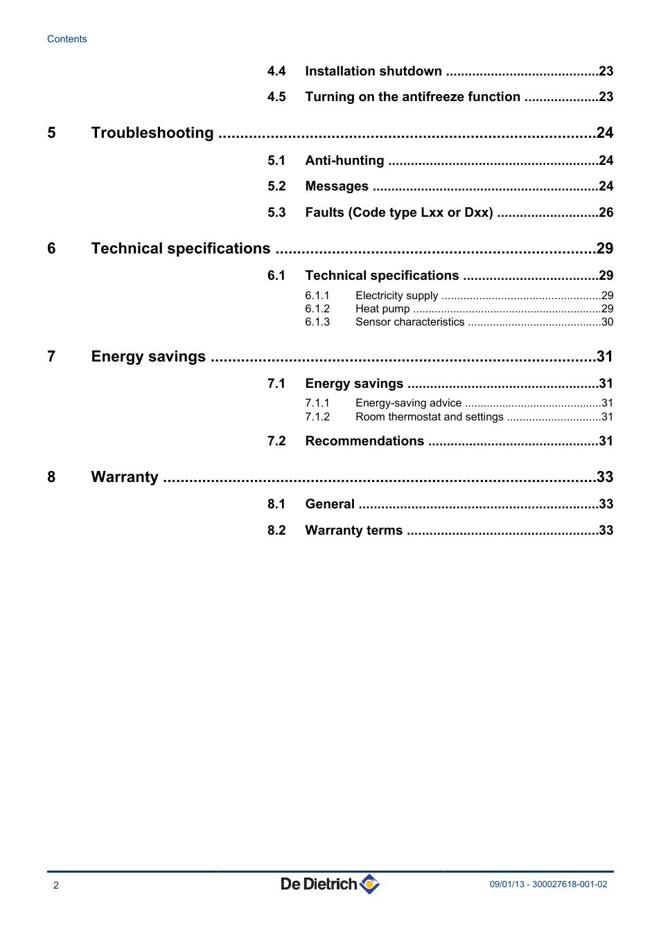 5troubleshooting, 6technical specifications, 7energy savings | 8warranty | DE DIETRICH AWHP MIT-IN iSystem User Manual | Page 3 / 36