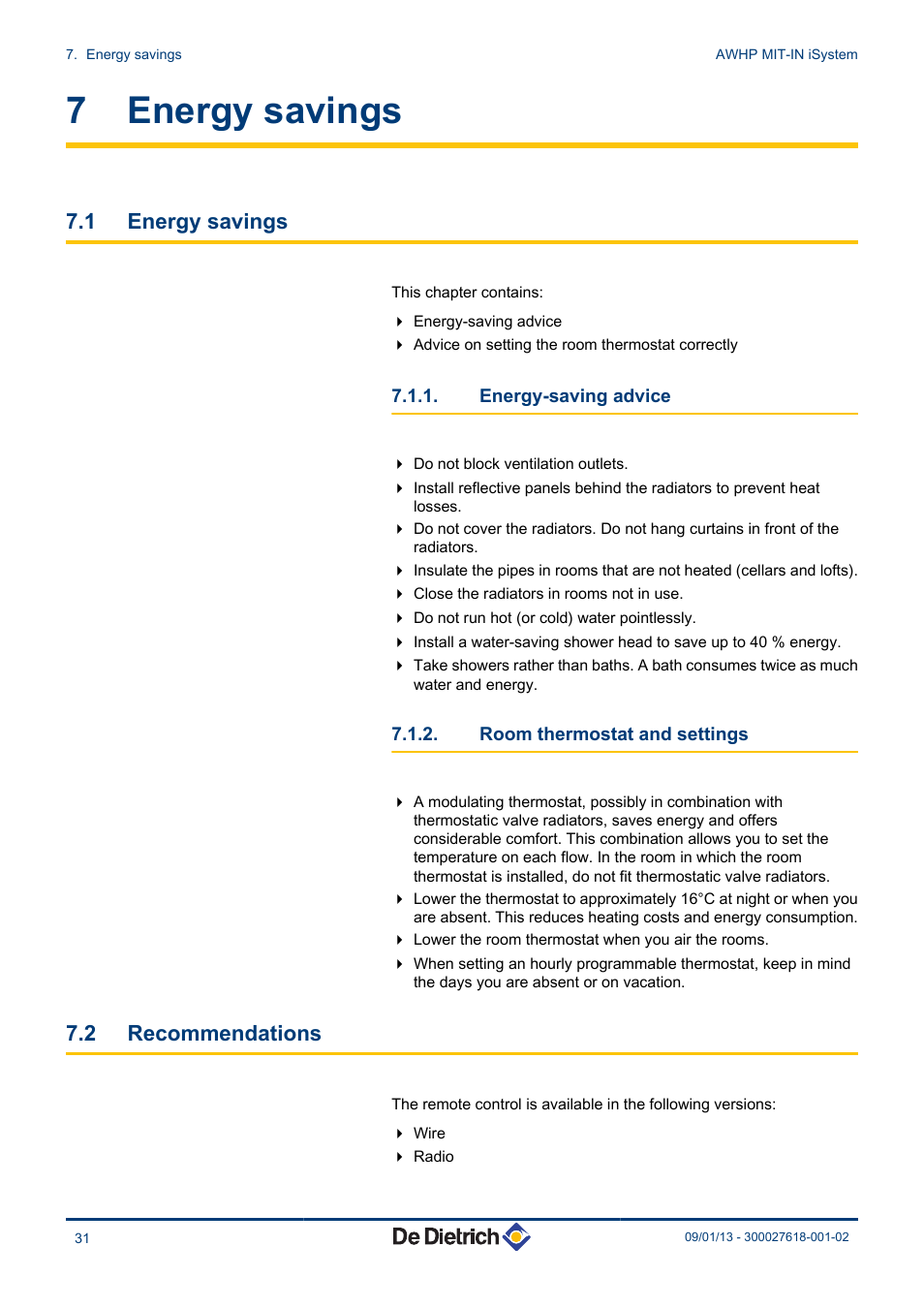 Energy savings, Energy-saving advice, Room thermostat and settings | Recommendations, 7 energy savings, 1 energy savings, 2 recommendations | DE DIETRICH AWHP MIT-IN iSystem User Manual | Page 32 / 36