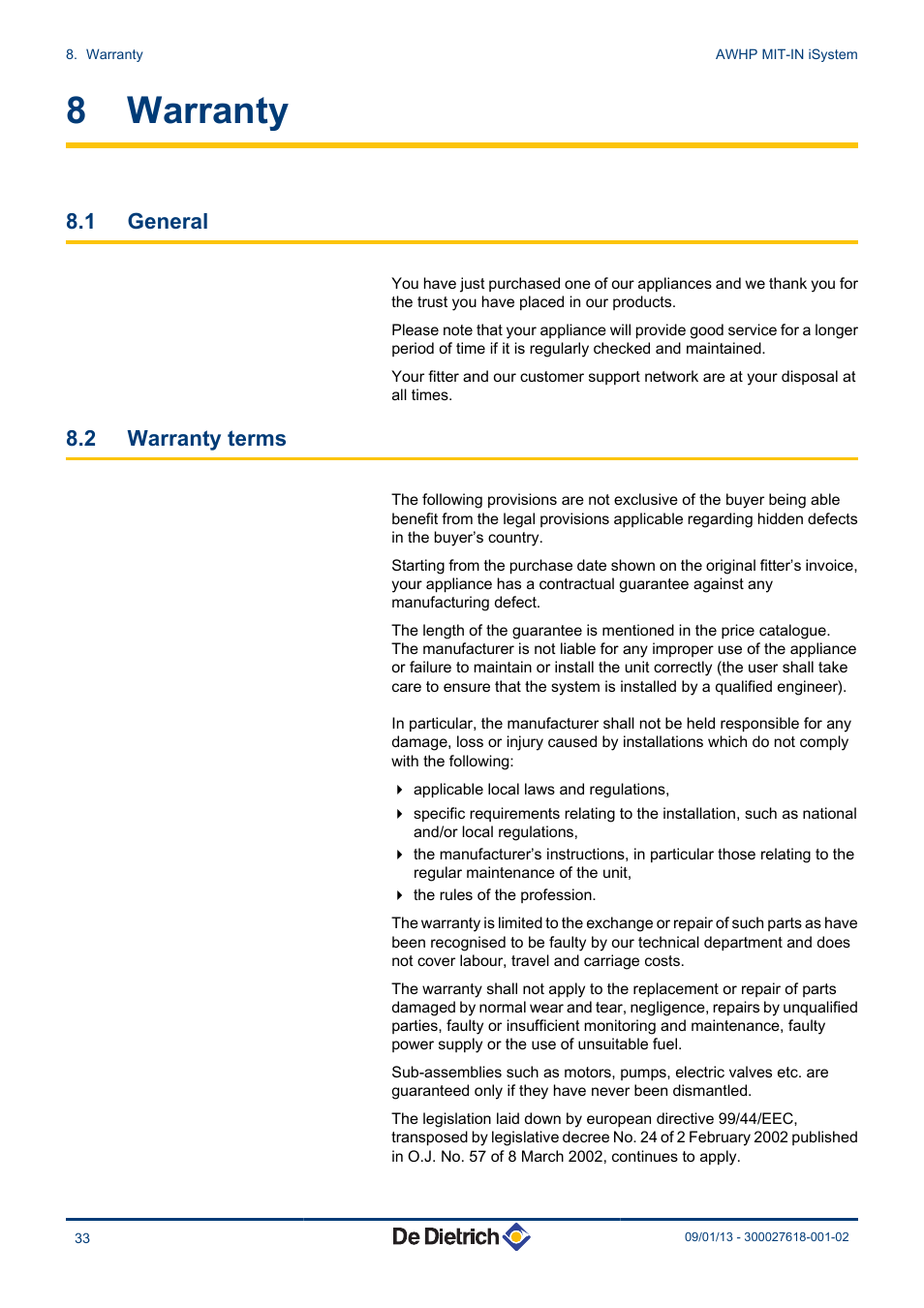 Warranty, General, Warranty terms | 8 warranty, 1 general, 2 warranty terms | DE DIETRICH AWHP MIT-IN iSystem User Manual | Page 34 / 36