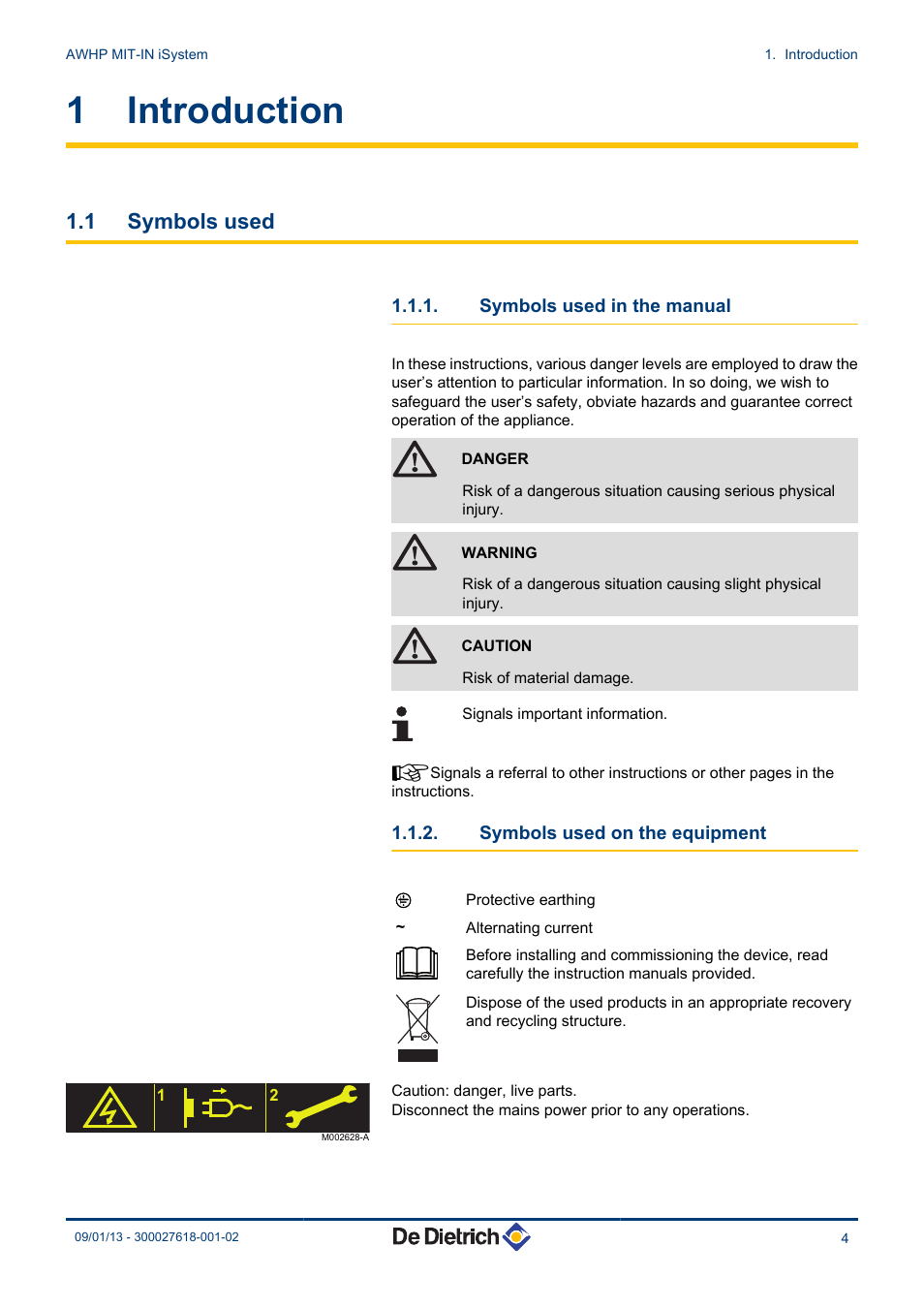 Introduction, Symbols used, Symbols used in the manual | Symbols used on the equipment, 1 introduction, 1 symbols used | DE DIETRICH AWHP MIT-IN iSystem User Manual | Page 5 / 36