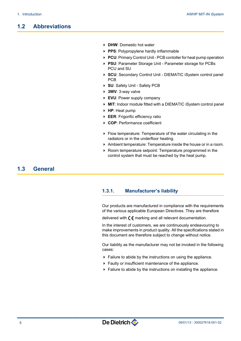Abbreviations, General, Manufacturer’s liability | 2 abbreviations, 3 general | DE DIETRICH AWHP MIT-IN iSystem User Manual | Page 6 / 36