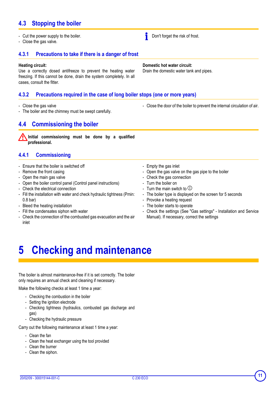 3 stopping the boiler, 4 commissioning the boiler, 1 commissioning | 5 checking and maintenance, Precautions to take if there is a danger of frost, Commissioning, Checking and maintenance | DE DIETRICH C 230 Eco User Manual | Page 11 / 24
