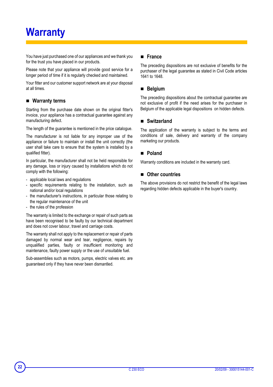 Warranty | DE DIETRICH C 230 Eco User Manual | Page 22 / 24