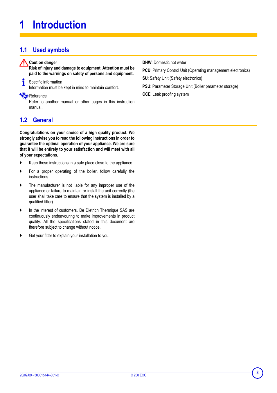 1 introduction, 1 used symbols, 2 general | Introduction, 1 used symbols 1.2 general | DE DIETRICH C 230 Eco User Manual | Page 3 / 24