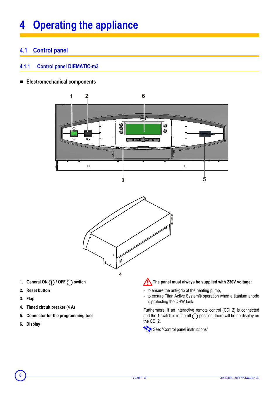 4 operating the appliance, 1 control panel, 1 control panel diematic-m3 | Operating the appliance, Control panel diematic-m3 | DE DIETRICH C 230 Eco User Manual | Page 6 / 24