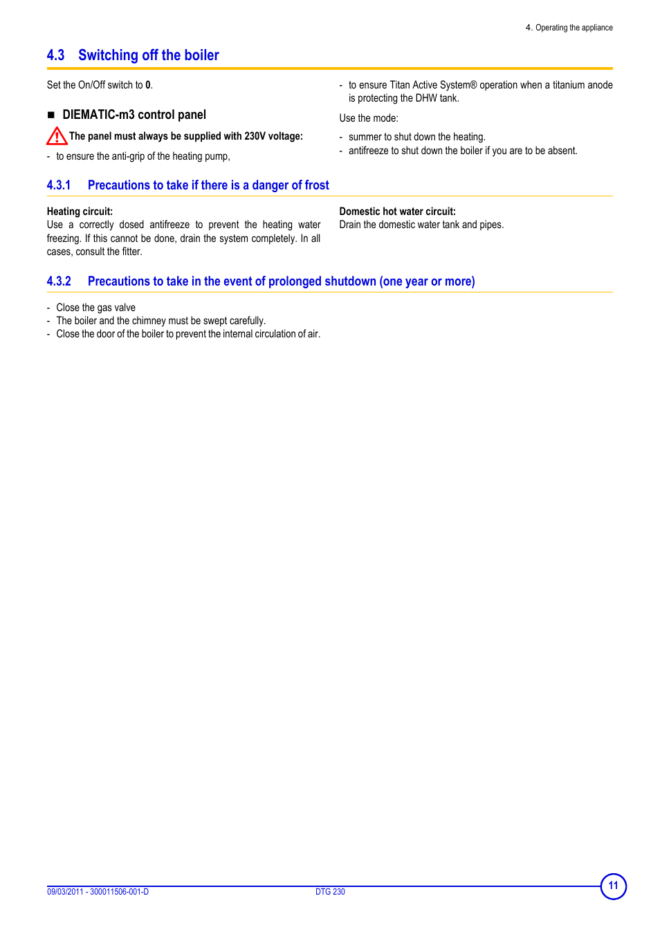 3 switching off the boiler, Precautions to take if there is a danger of frost | DE DIETRICH DTG 230 User Manual | Page 11 / 20