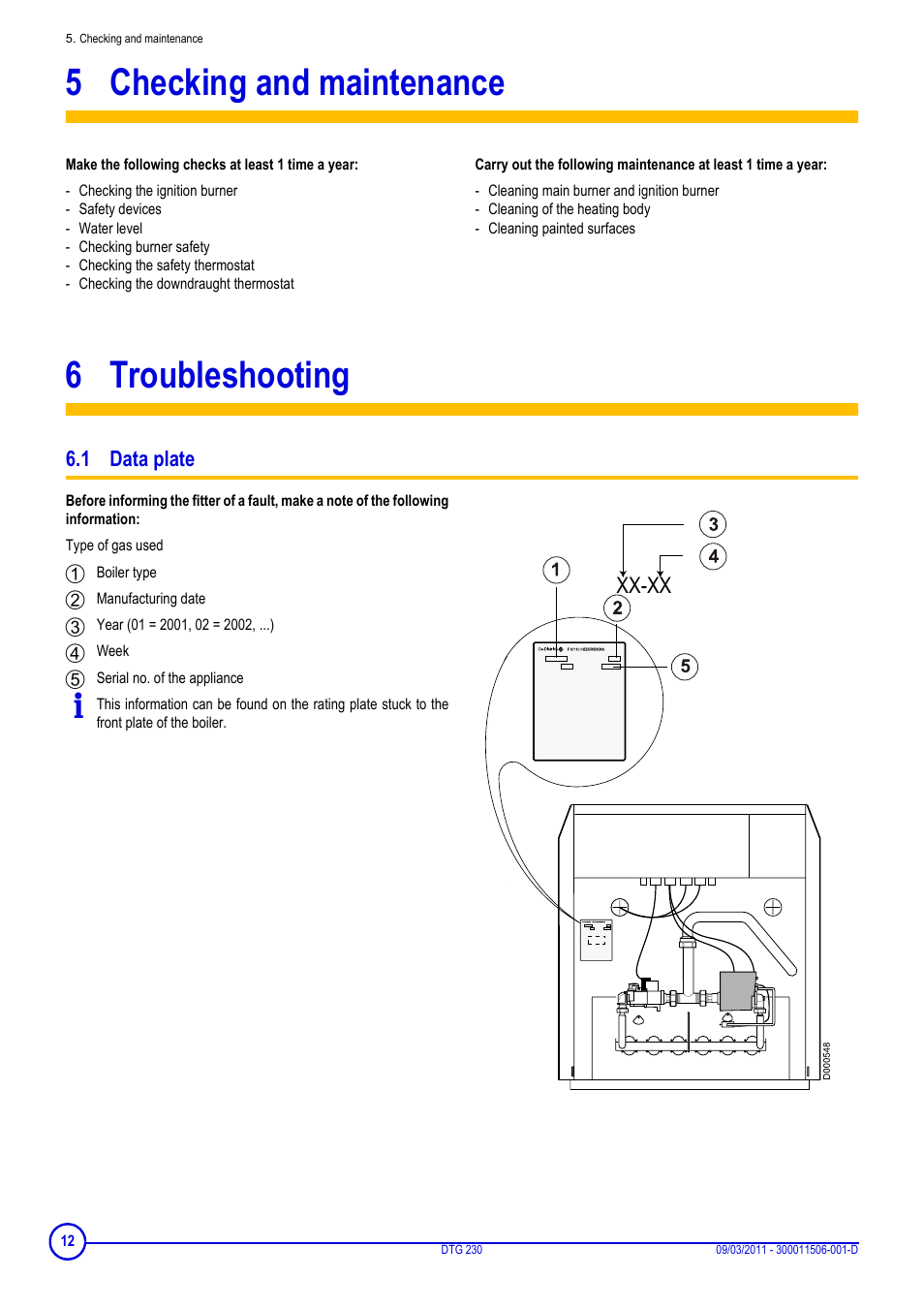 5 checking and maintenance, 6 troubleshooting, 1 data plate | Checking and maintenance, Troubleshooting, Xx-xx | DE DIETRICH DTG 230 User Manual | Page 12 / 20