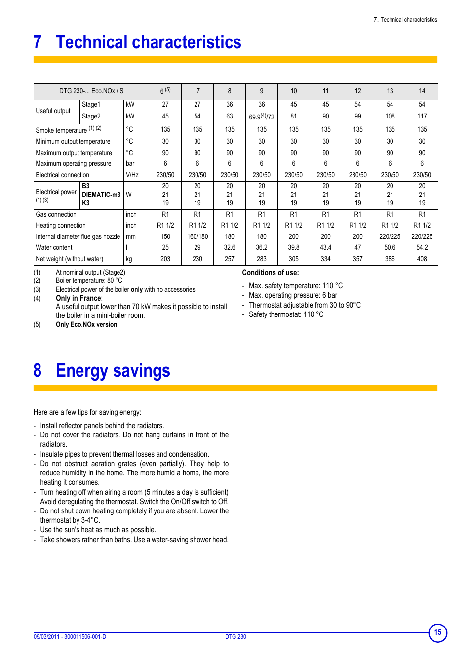 7 technical characteristics, 8 energy savings, Technical characteristics | Energy savings | DE DIETRICH DTG 230 User Manual | Page 15 / 20