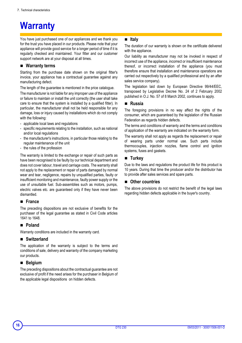 Warranty | DE DIETRICH DTG 230 User Manual | Page 16 / 20