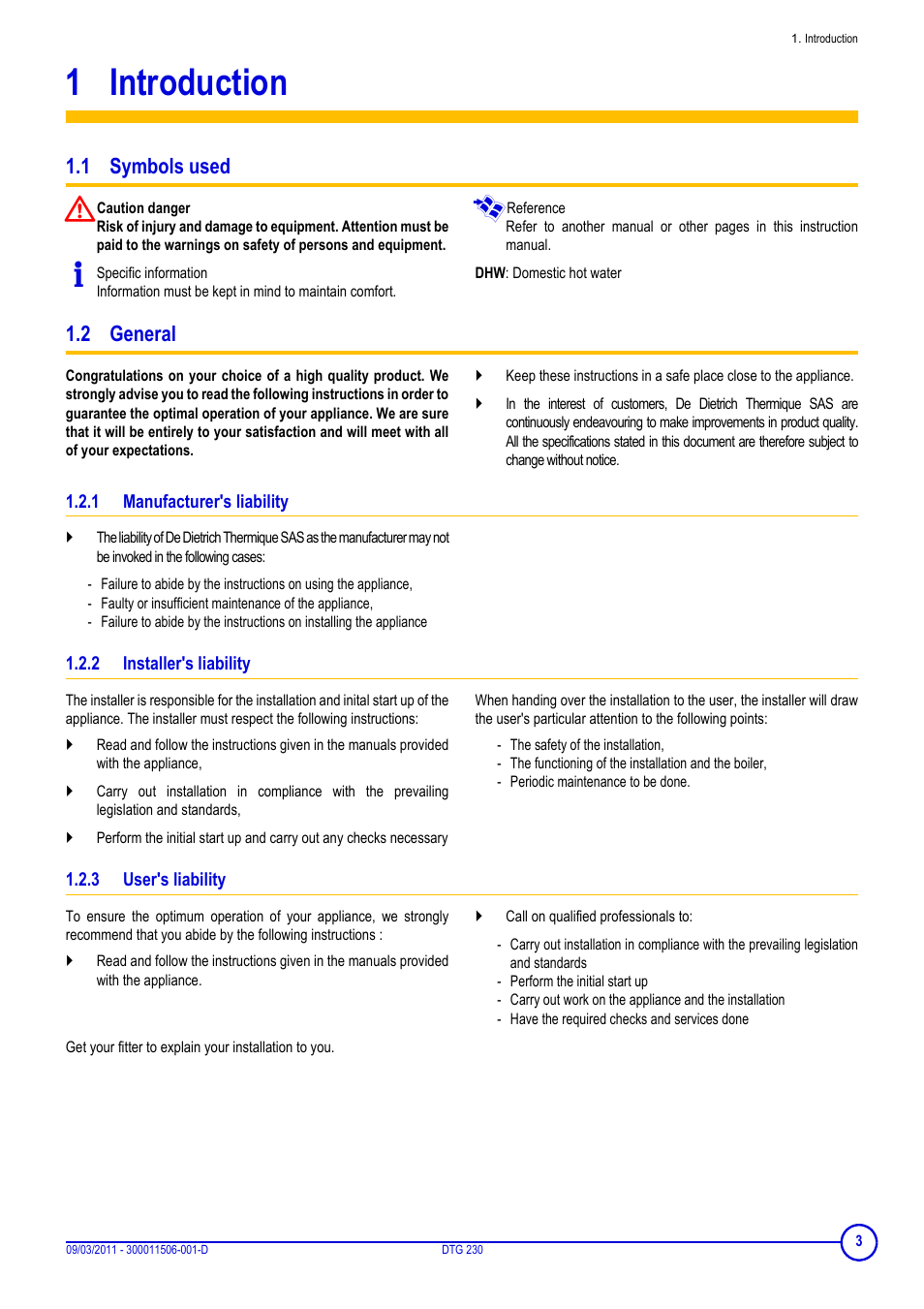 1 introduction, 1 symbols used, 2 general | 1 manufacturer's liability, 2 installer's liability, 3 user's liability, Introduction, 1 symbols used 1.2 general, Manufacturer's liability, Installer's liability | DE DIETRICH DTG 230 User Manual | Page 3 / 20