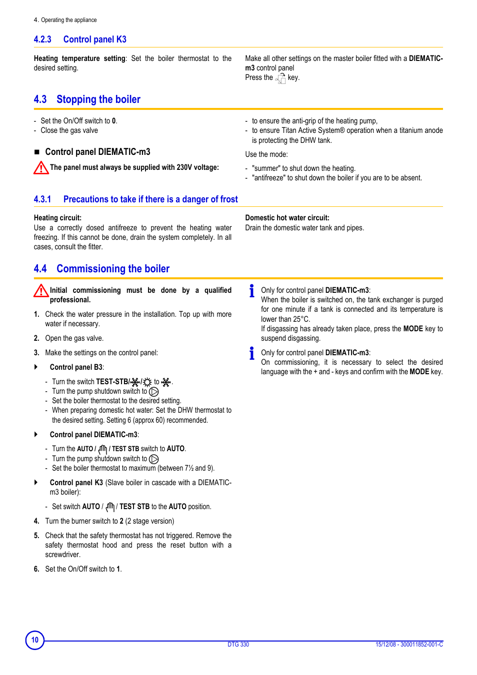 3 control panel k3, 3 stopping the boiler, 4 commissioning the boiler | Control panel k3, Precautions to take if there is a danger of frost | DE DIETRICH DTG 330 User Manual | Page 10 / 16