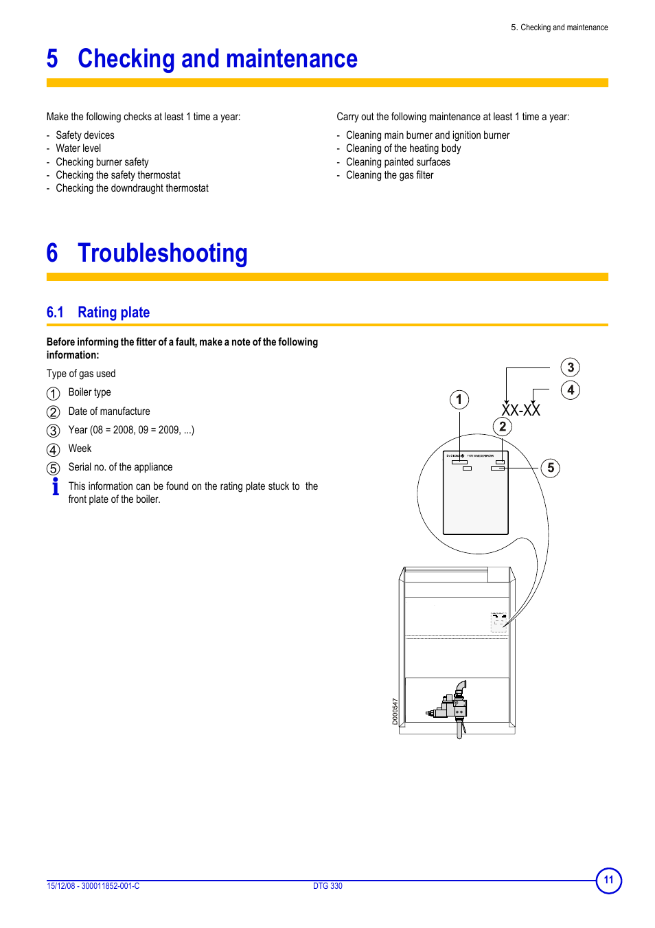 5 checking and maintenance, 6 troubleshooting, 1 rating plate | Checking and maintenance, Troubleshooting, Xx-xx | DE DIETRICH DTG 330 User Manual | Page 11 / 16