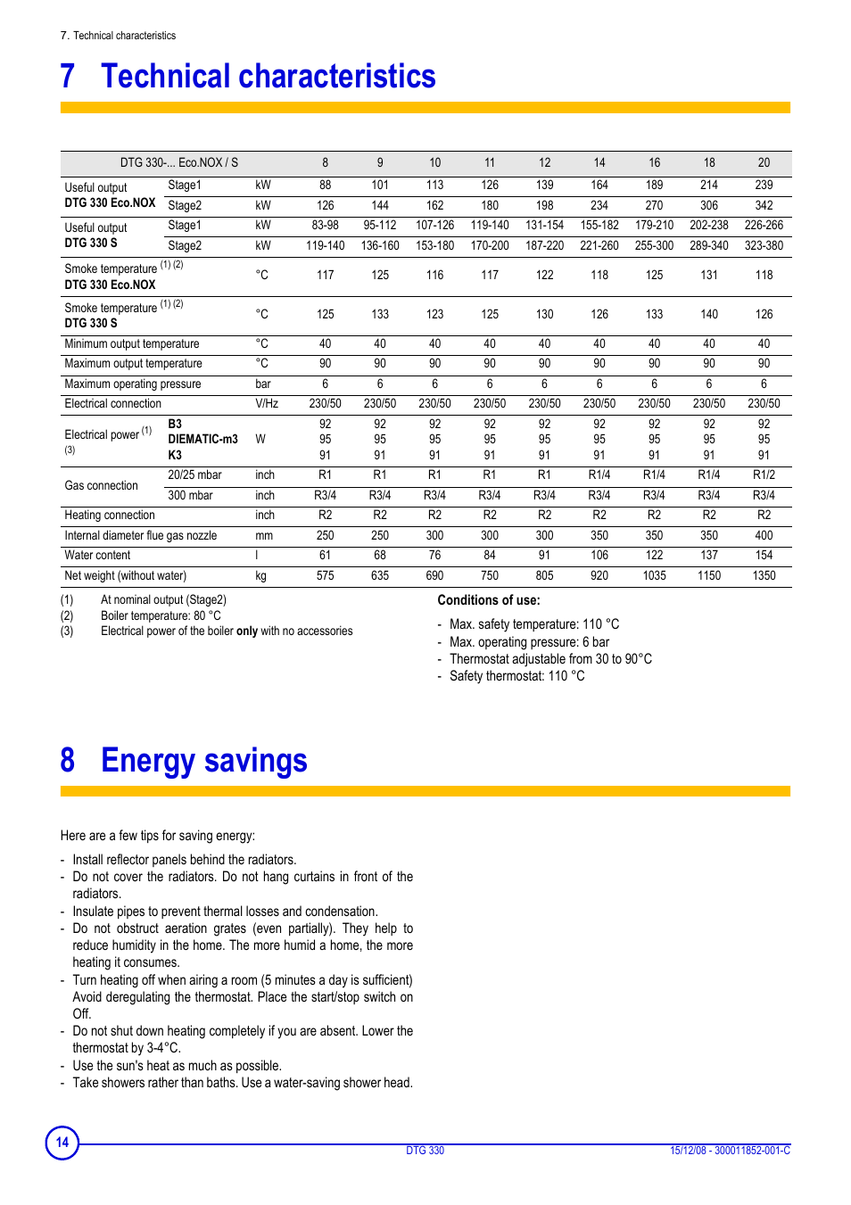 7 technical characteristics, 8 energy savings, Technical characteristics | Energy savings | DE DIETRICH DTG 330 User Manual | Page 14 / 16