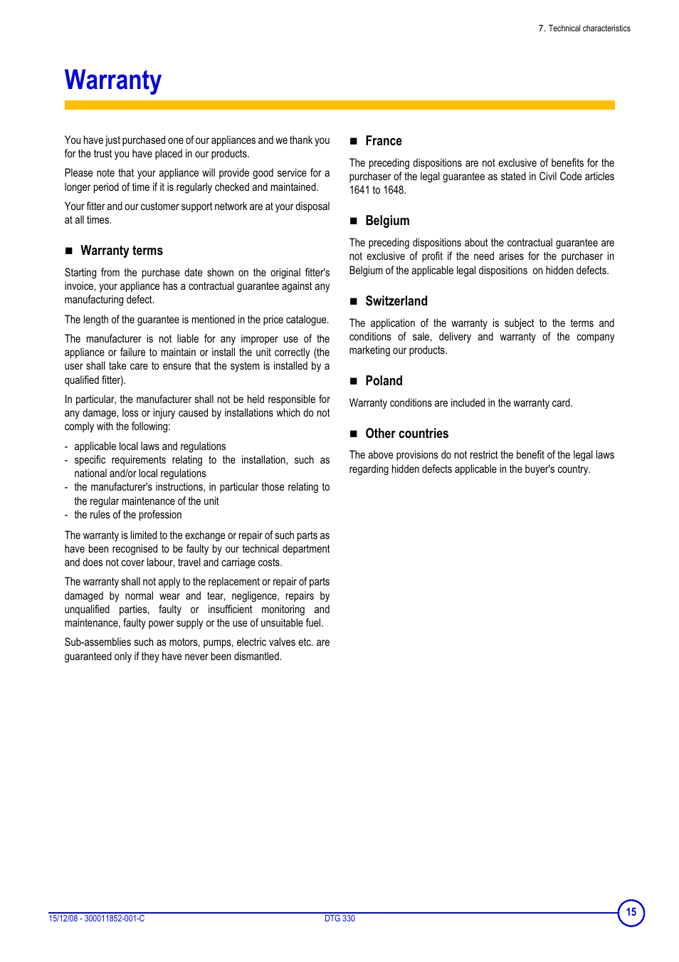 Warranty | DE DIETRICH DTG 330 User Manual | Page 15 / 16