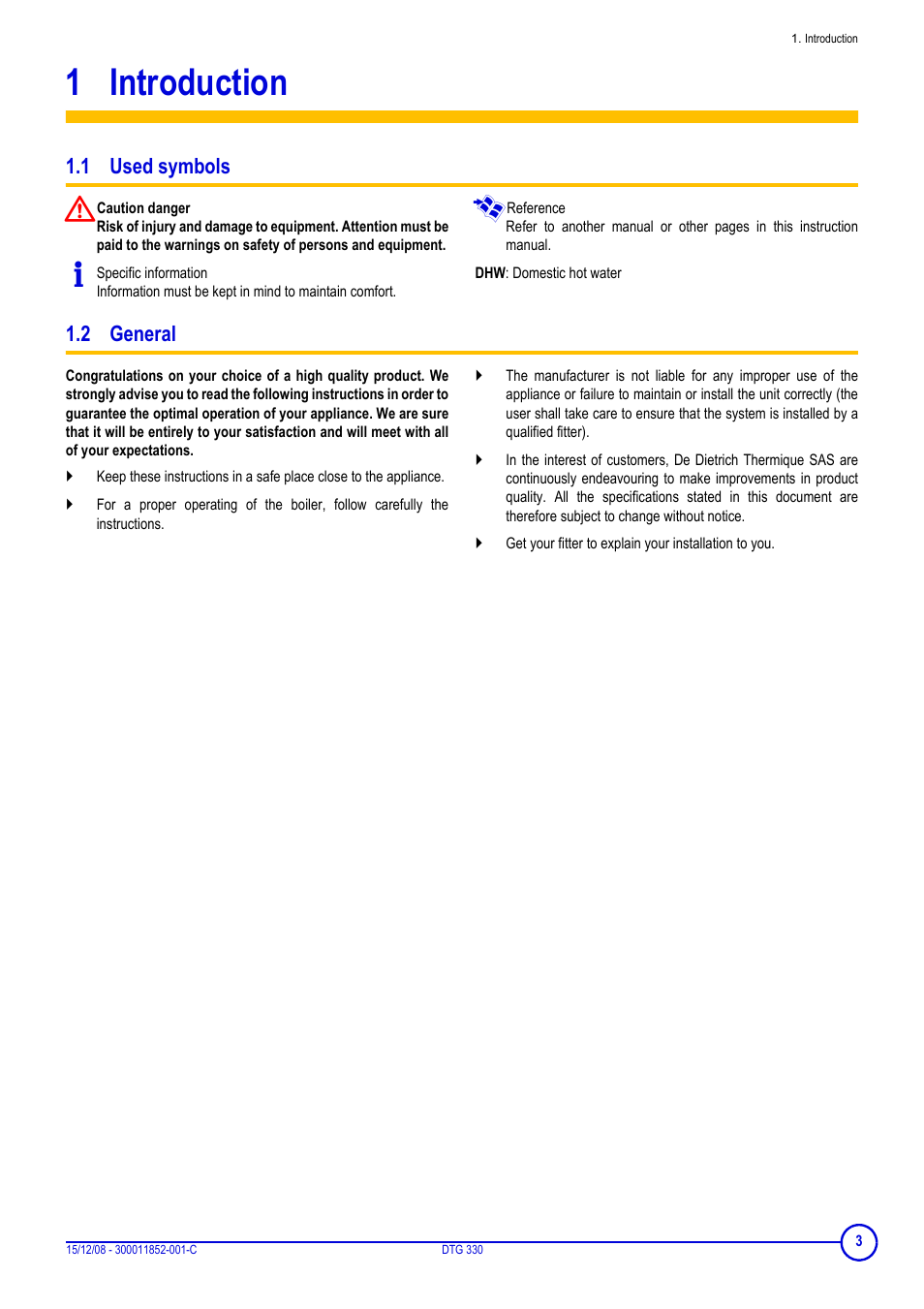 1 introduction, 1 used symbols, 2 general | Introduction, 1 used symbols 1.2 general | DE DIETRICH DTG 330 User Manual | Page 3 / 16