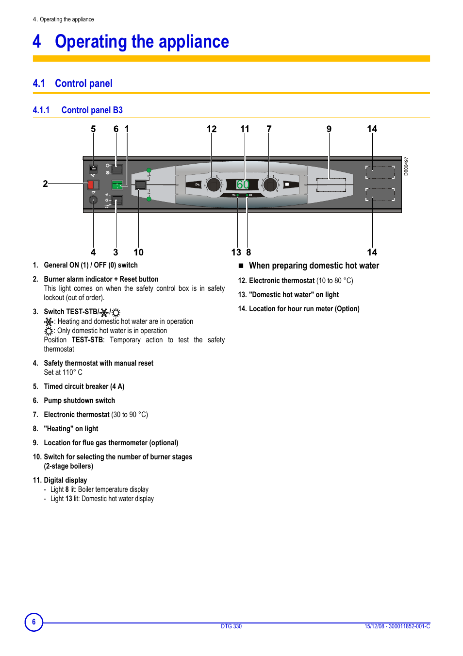 4 operating the appliance, 1 control panel, 1 control panel b3 | Operating the appliance, Control panel b3 | DE DIETRICH DTG 330 User Manual | Page 6 / 16