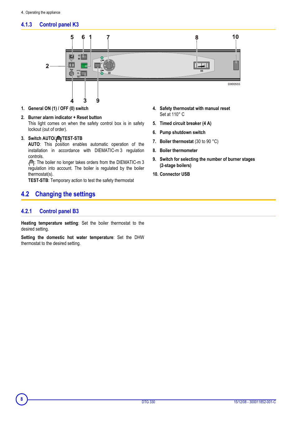 3 control panel k3, 2 changing the settings, 1 control panel b3 | Control panel k3, Control panel b3 | DE DIETRICH DTG 330 User Manual | Page 8 / 16