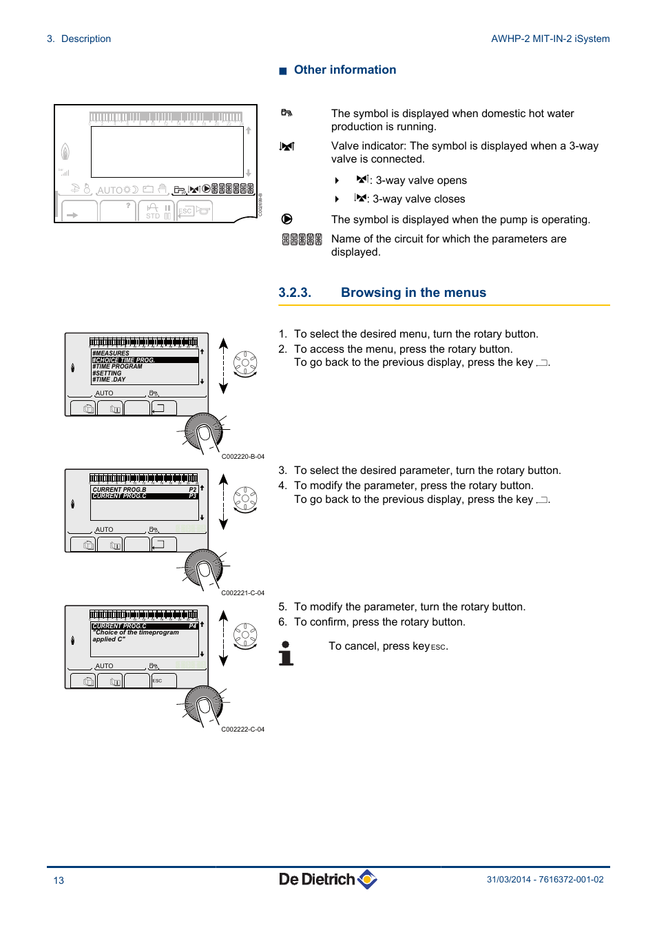 Browsing in the menus, N other information, Description awhp-2 mit-in-2 isystem 13 | Auto | DE DIETRICH AWHP-2 MIT-IN-2 iSystem User Manual | Page 14 / 36