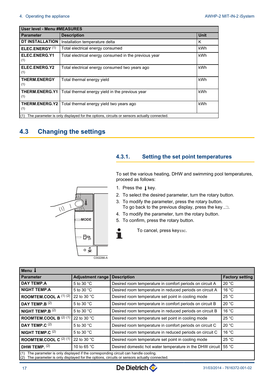 Changing the settings, Setting the set point temperatures, 3 changing the settings | DE DIETRICH AWHP-2 MIT-IN-2 iSystem User Manual | Page 18 / 36