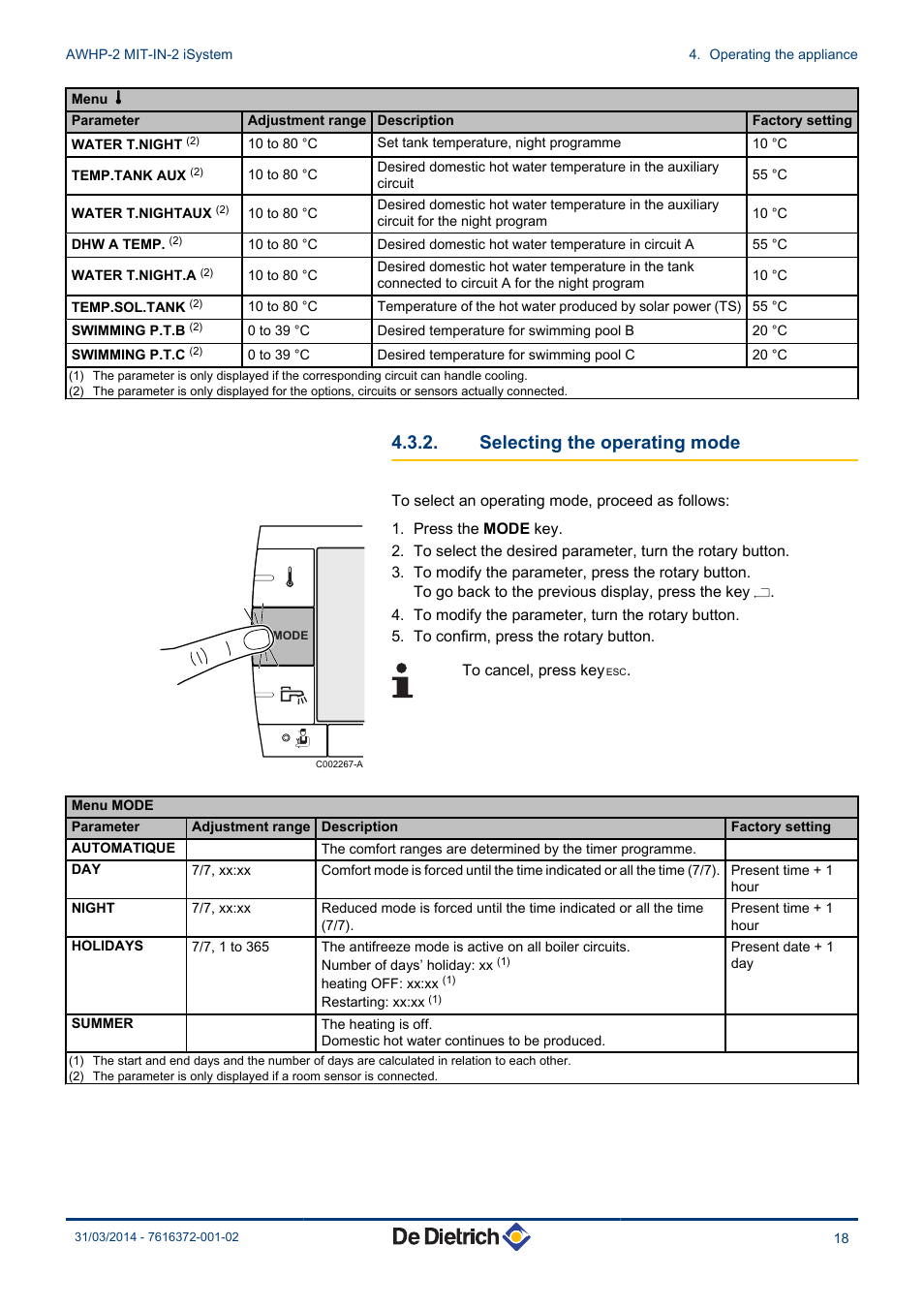 Selecting the operating mode | DE DIETRICH AWHP-2 MIT-IN-2 iSystem User Manual | Page 19 / 36