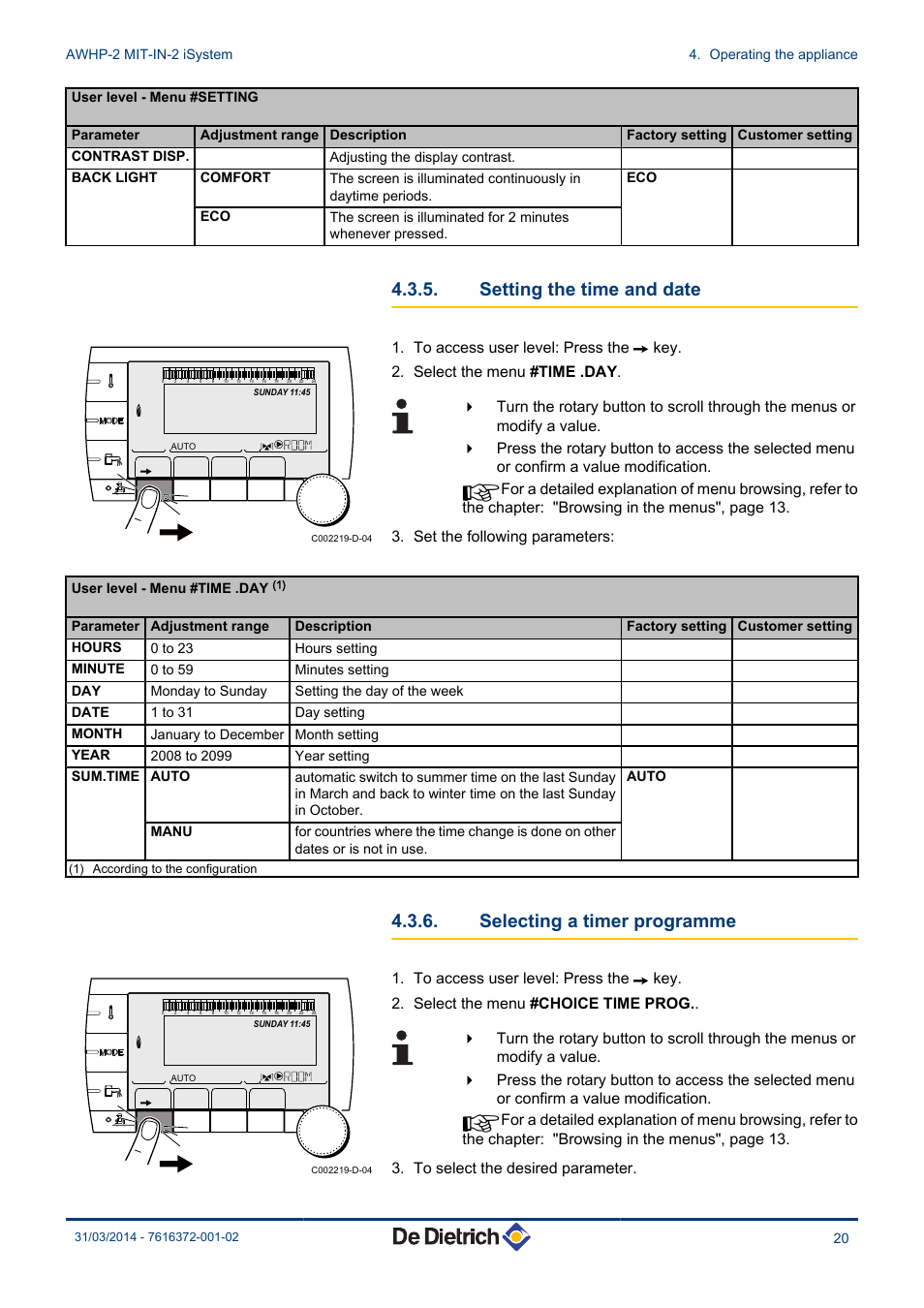 Setting the time and date, Selecting a timer programme | DE DIETRICH AWHP-2 MIT-IN-2 iSystem User Manual | Page 21 / 36