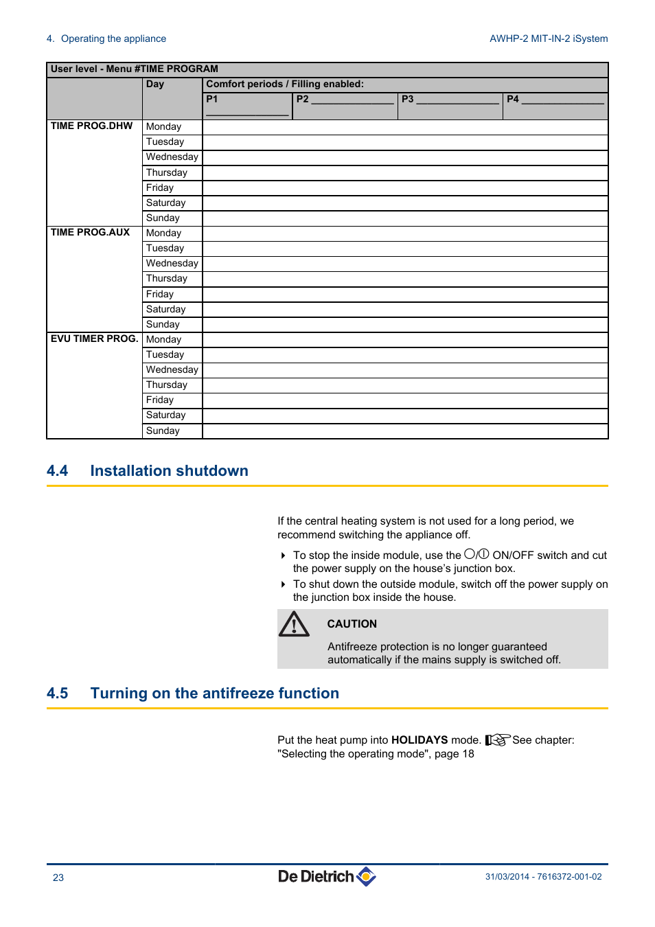 Installation shutdown, Turning on the antifreeze function, 4 installation shutdown | 5 turning on the antifreeze function | DE DIETRICH AWHP-2 MIT-IN-2 iSystem User Manual | Page 24 / 36