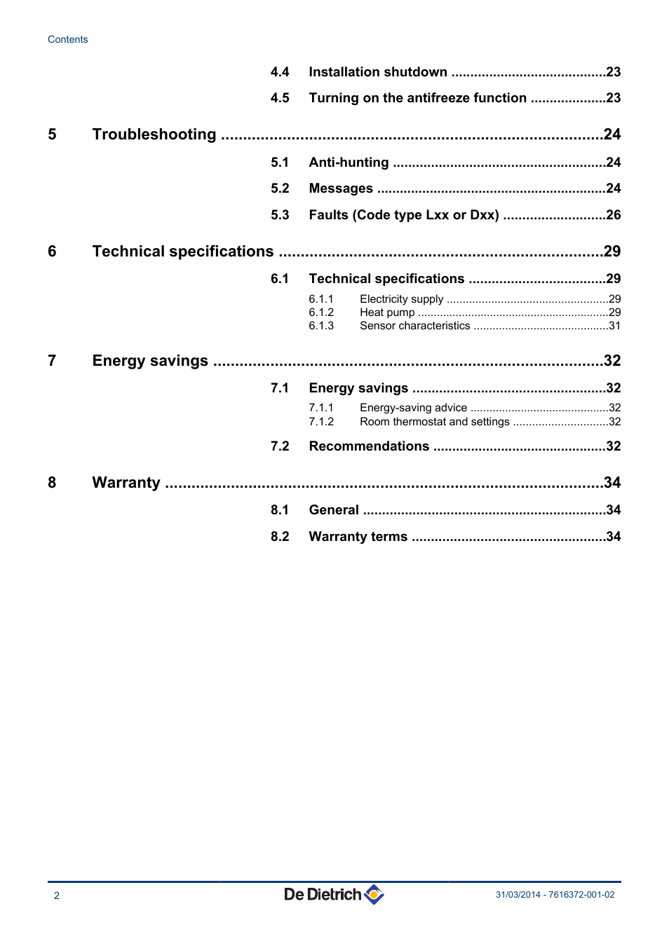 5troubleshooting, 6technical specifications, 7energy savings | 8warranty | DE DIETRICH AWHP-2 MIT-IN-2 iSystem User Manual | Page 3 / 36