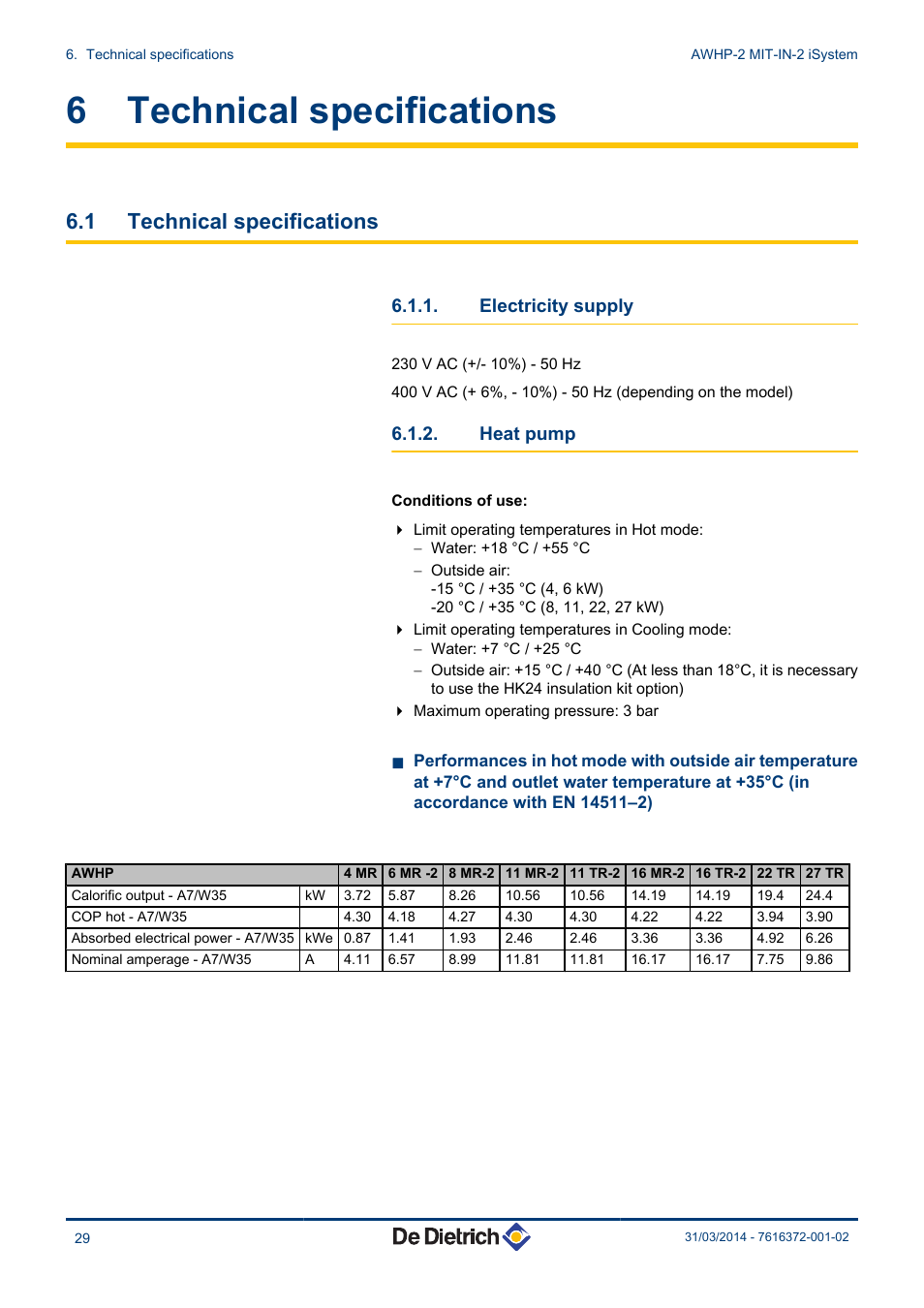 Technical specifications, Electricity supply, Heat pump | 6 technical specifications, 1 technical specifications | DE DIETRICH AWHP-2 MIT-IN-2 iSystem User Manual | Page 30 / 36