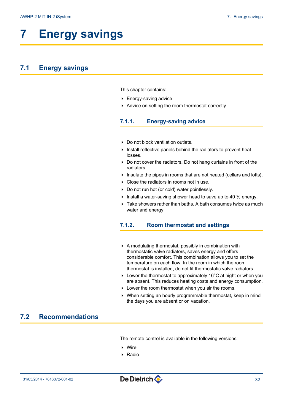 Energy savings, Energy-saving advice, Room thermostat and settings | Recommendations, 7 energy savings, 1 energy savings, 2 recommendations | DE DIETRICH AWHP-2 MIT-IN-2 iSystem User Manual | Page 33 / 36