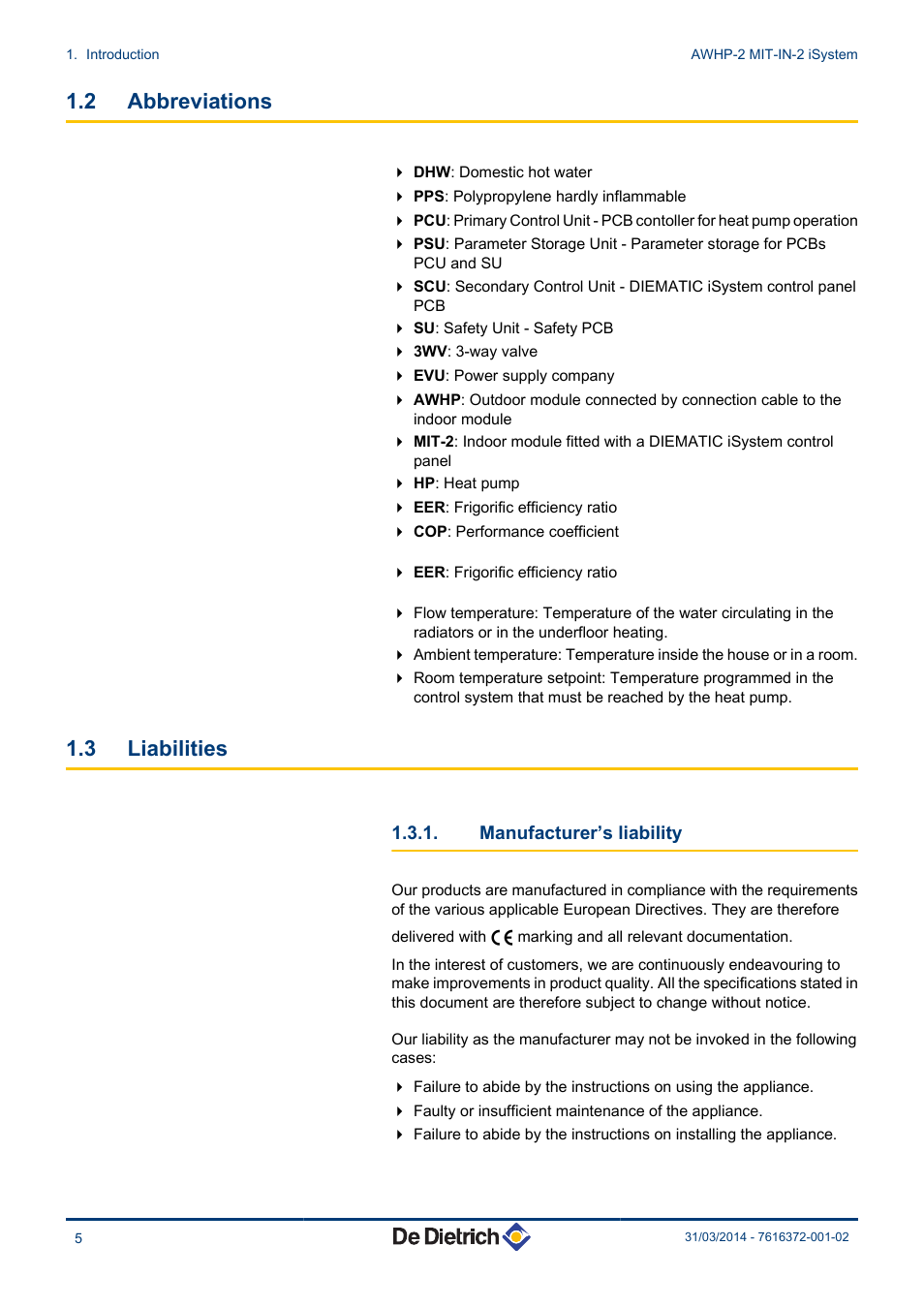 Abbreviations, Liabilities, Manufacturer’s liability | 2 abbreviations, 3 liabilities | DE DIETRICH AWHP-2 MIT-IN-2 iSystem User Manual | Page 6 / 36