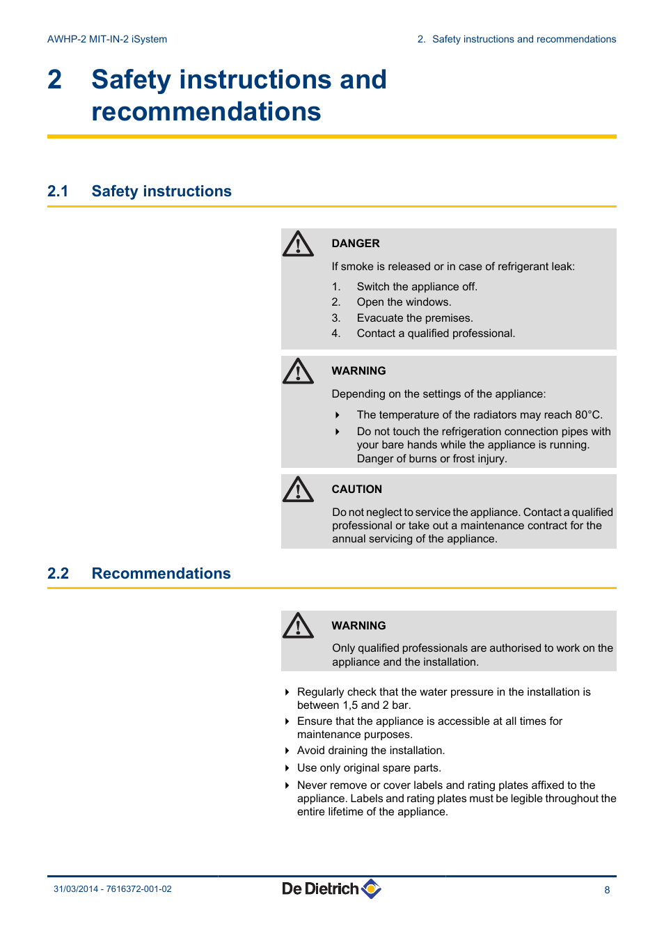 Safety instructions and recommendations, Safety instructions, Recommendations | 2 safety instructions and recommendations, 1 safety instructions, 2 recommendations | DE DIETRICH AWHP-2 MIT-IN-2 iSystem User Manual | Page 9 / 36