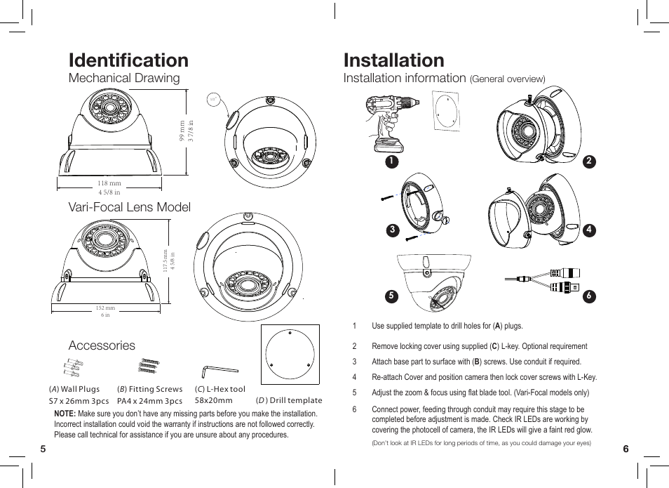 Identification, Installation, Mechanical drawing | Installation information, Accessories vari-focal lens model | eLine Technology AN1 Series User Manual | Page 4 / 6