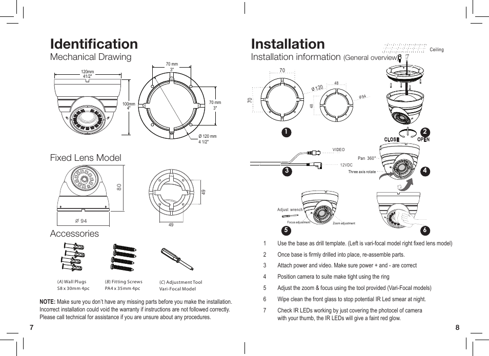 Identification, Installation, Mechanical drawing | Installation information, Accessories fixed lens model | eLine Technology AN1 Series User Manual | Page 5 / 6