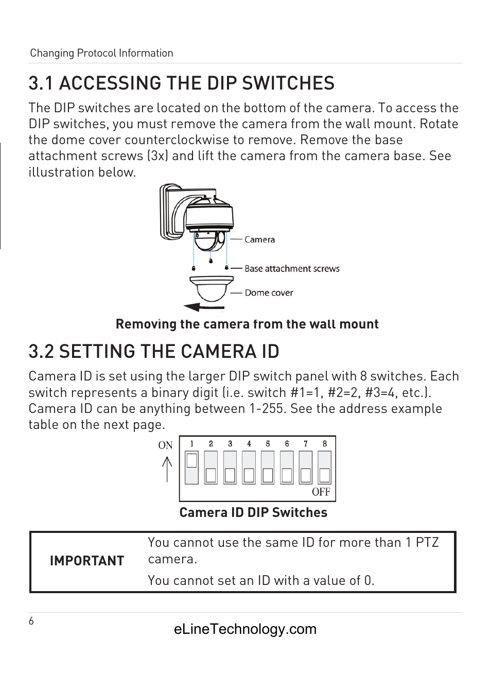 Changing protocol information, 1 accessing the dip switches, 2 setting the camera id | En gl is h | eLine Technology ANPTZ-70-10DN User Manual | Page 11 / 42