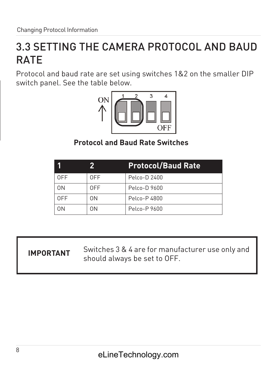 3 setting the camera protocol and baud rate, En gl is h, 12 protocol/baud rate | eLine Technology ANPTZ-70-10DN User Manual | Page 13 / 42