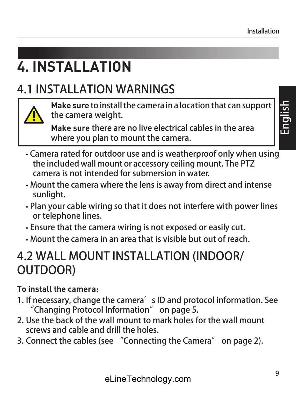 Installation, 1 installation warnings, 2 wall mount installation (indoor/ outdoor) | English | eLine Technology ANPTZ-70-10DN User Manual | Page 14 / 42