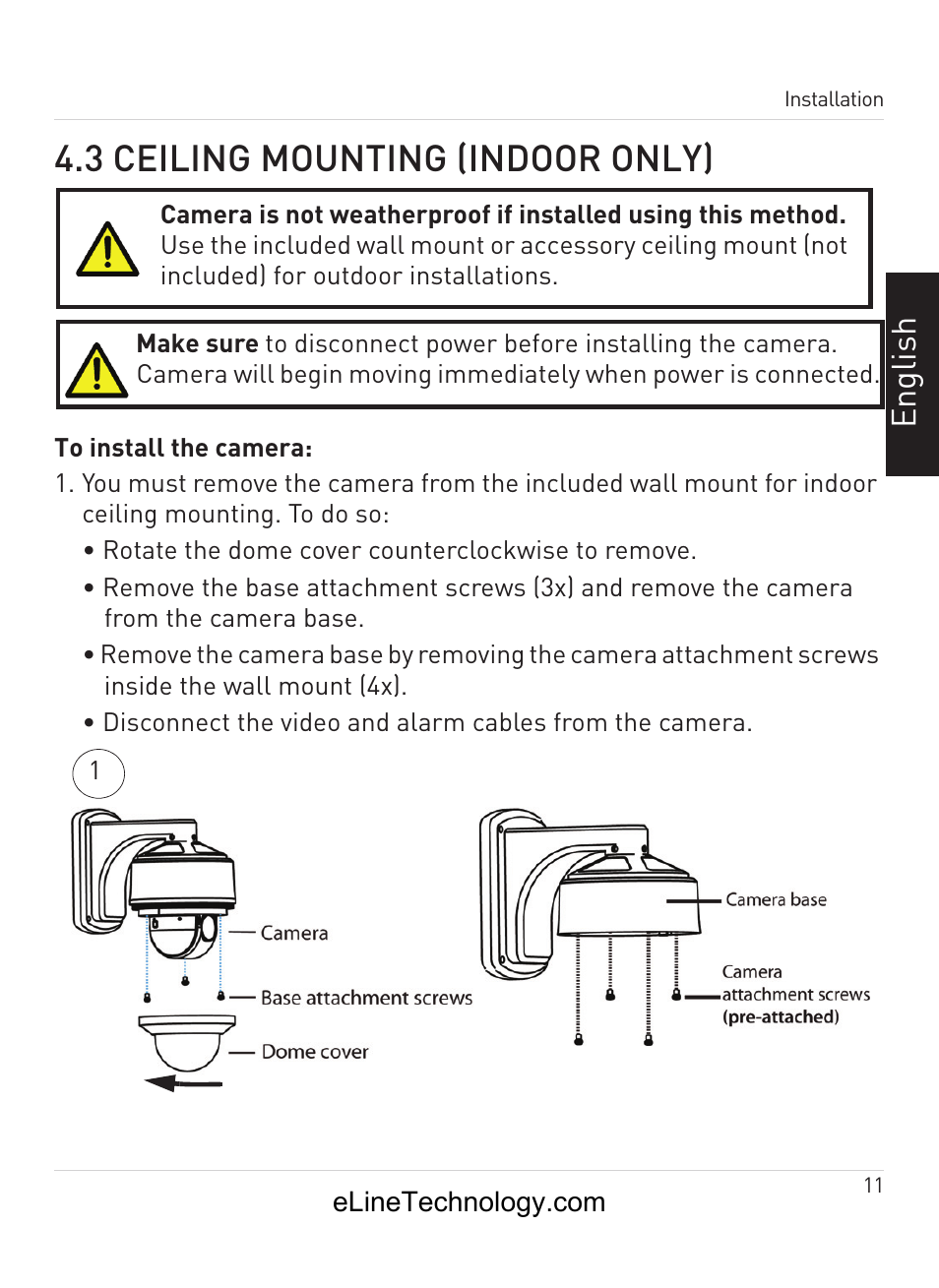 3 ceiling mounting (indoor only), En gl is h | eLine Technology ANPTZ-70-10DN User Manual | Page 16 / 42
