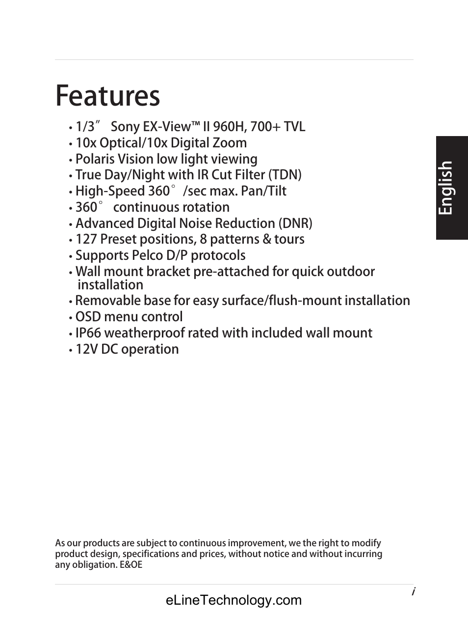 Features, English | eLine Technology ANPTZ-70-10DN User Manual | Page 2 / 42