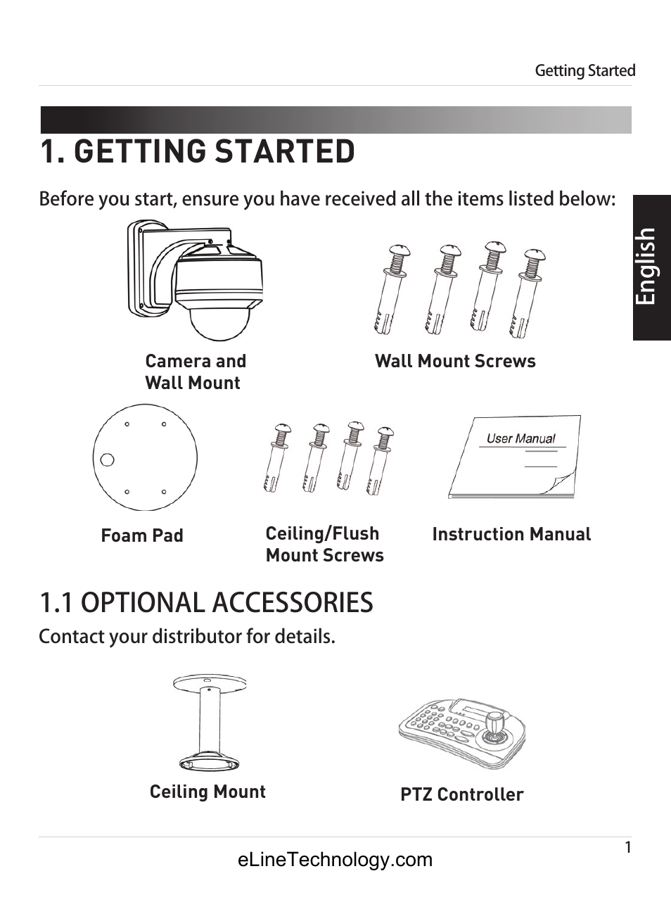 Getting started, 1 optional accessories, English | eLine Technology ANPTZ-70-10DN User Manual | Page 6 / 42