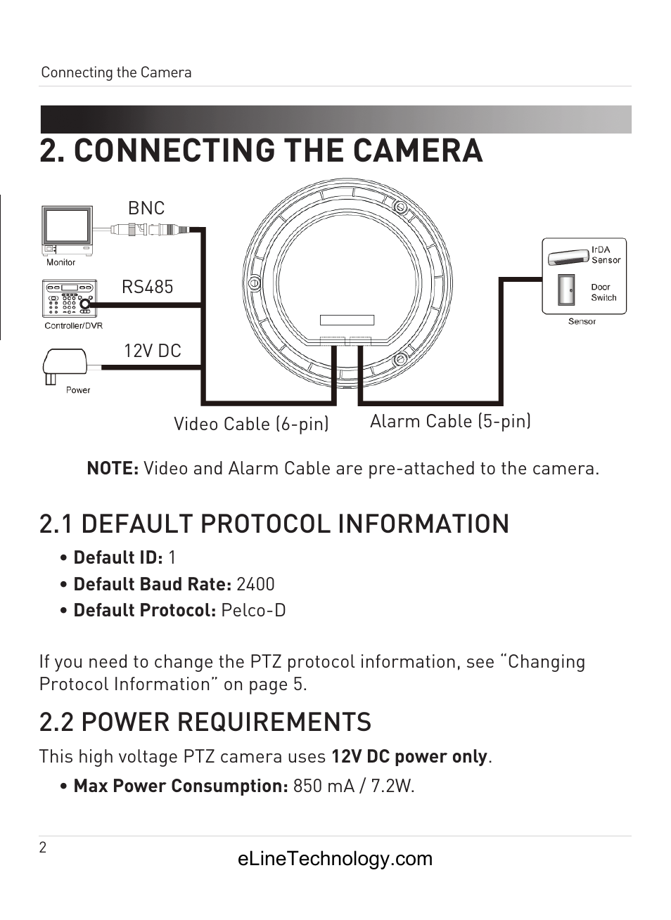 Getting started, Connecting the camera, 1 optional accessories | 1 default protocol information, 2 power requirements, English | eLine Technology ANPTZ-70-10DN User Manual | Page 7 / 42