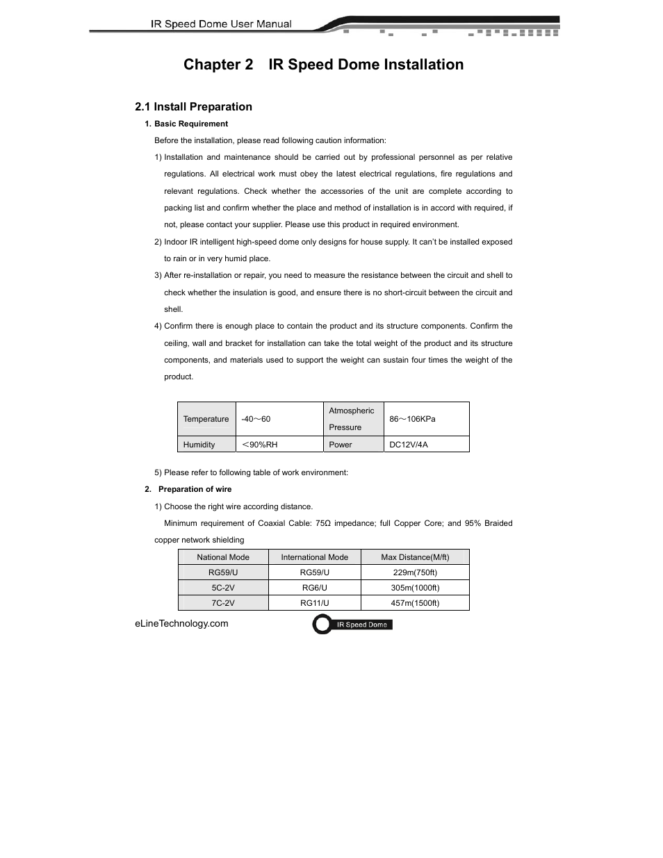 Chapter 2 ir speed dome installation, 1 install preparation | eLine Technology ANPTZ-56-37R User Manual | Page 12 / 46