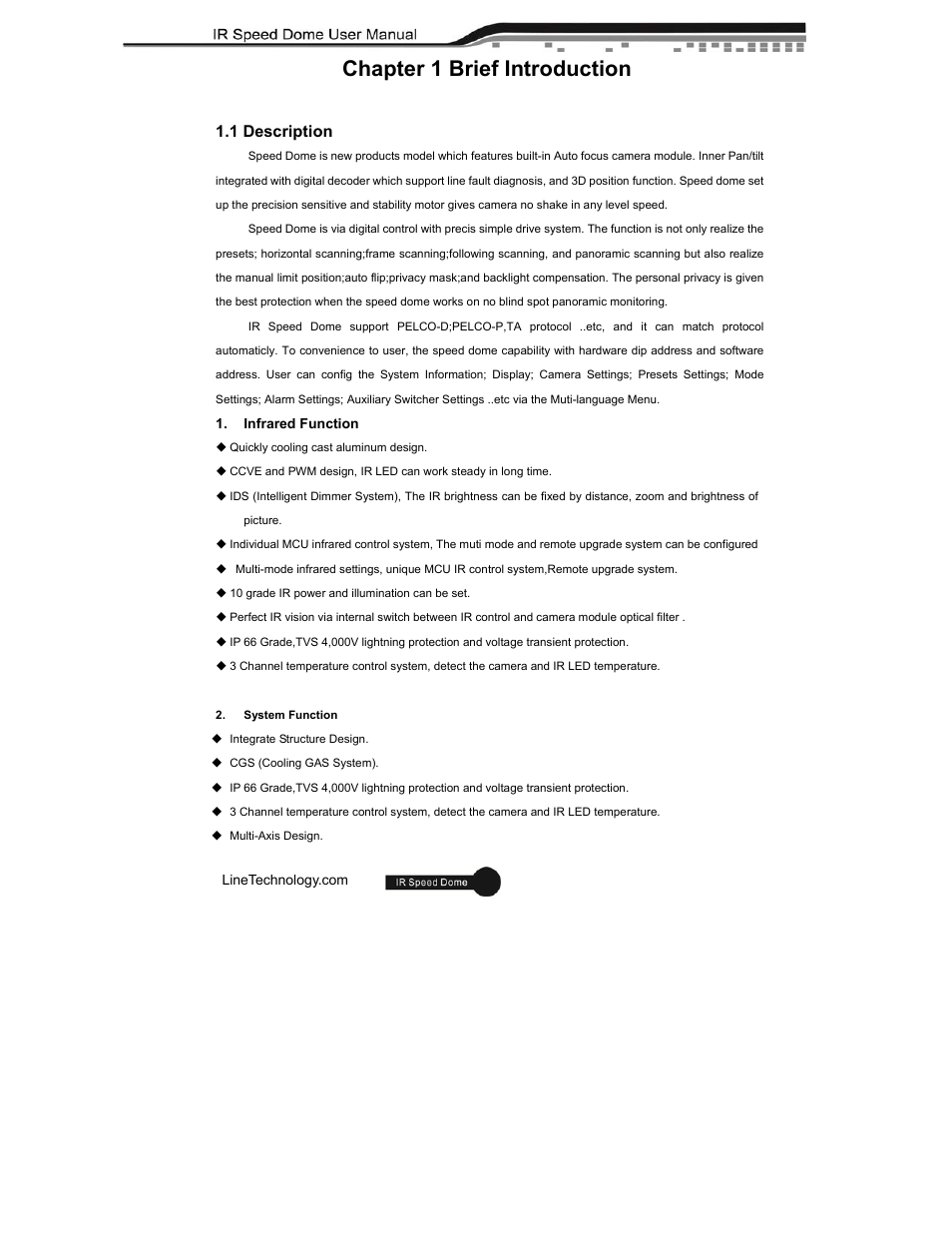 Chapter 1 brief introduction, 1 description | eLine Technology ANPTZ-56-37R User Manual | Page 7 / 46