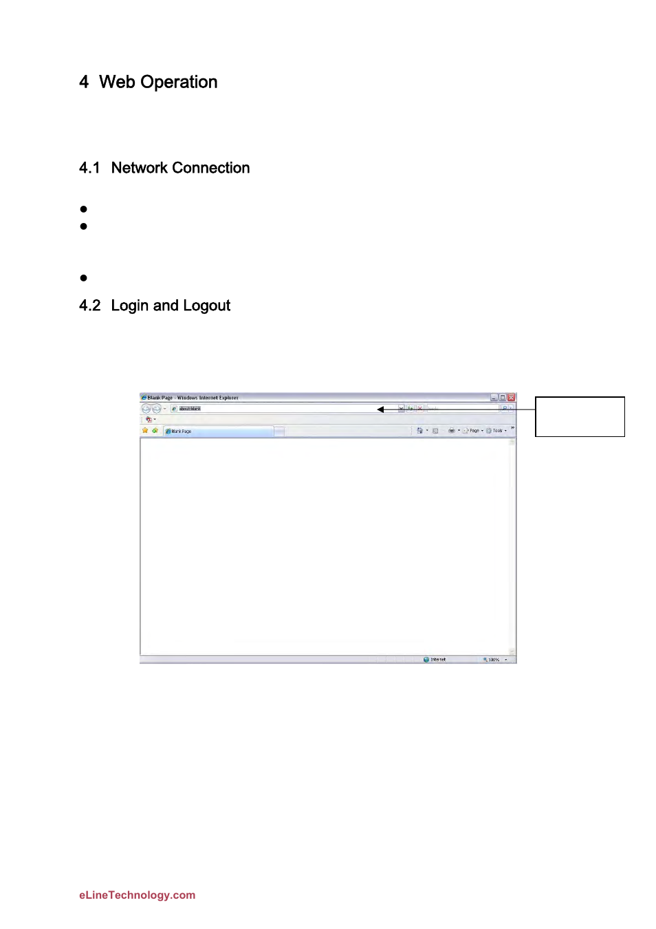 4 web operation, 1 network connection, 2 login and logout | eLine Technology DFB Quick Start User Manual | Page 23 / 26
