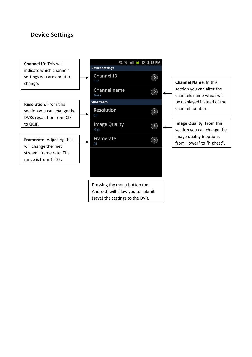 Device settings | eLine Technology ECO3 DvrSeeSee Manual User Manual | Page 5 / 7