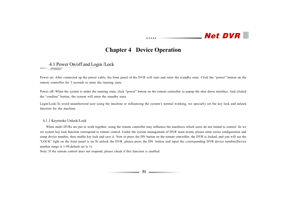 Net dvr, Chapter 4 device operation | eLine Technology ECO3 User Manual User Manual | Page 31 / 76